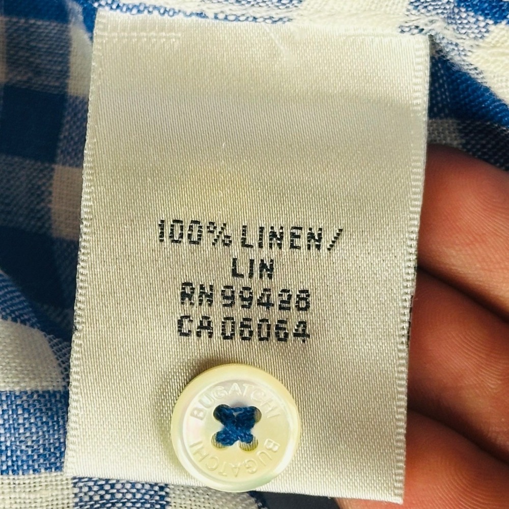 Bugatchi Uomo Shirt Men XL Blue Shaped Fit Check Gingham Linen Short Sleeve - Picture 4 of 9